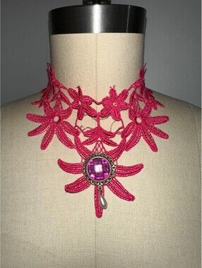 Pink Lace Choker Necklace with Purple Accent Dangle